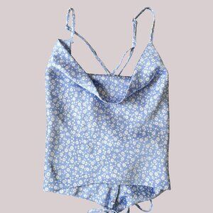 Garage Blue Floral Cowl Neck Tie Back Tank Top P/S